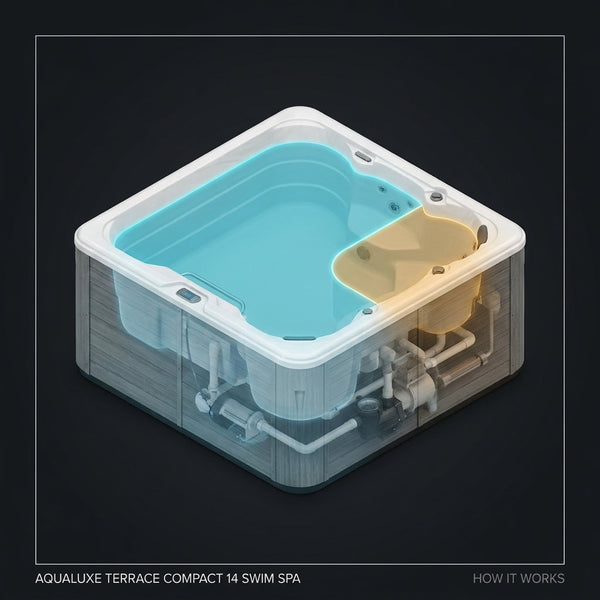 Swim Spa Designed for Urban Living, 14ft Compact Size, Integrated Therapy Zone, Premium Wood Cabinet