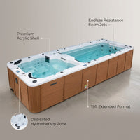 Swim Spa Built for Extended Training, 19ft Length, Hydrotherapy Zone, Contemporary Design, Premium Shell — infographic